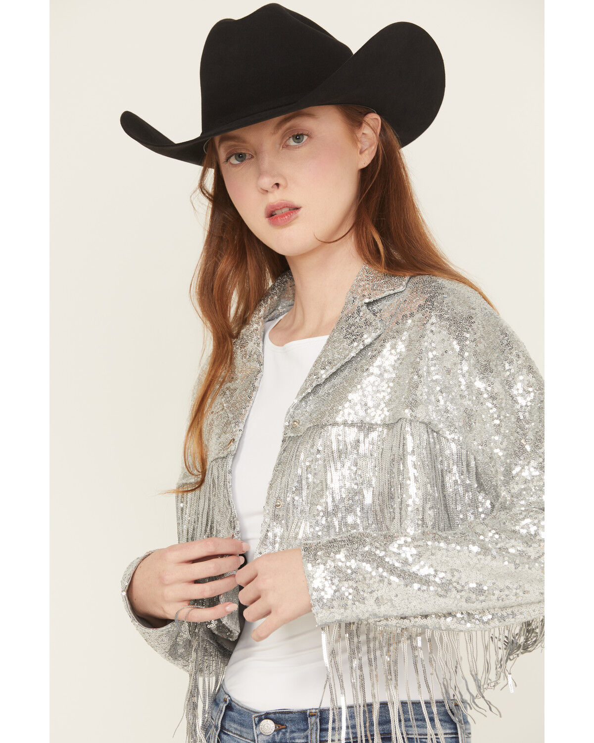 Image #2 - Saints & Hearts Women's Sequin Embellished Fringe Cropped jacket, Silver, hi-res