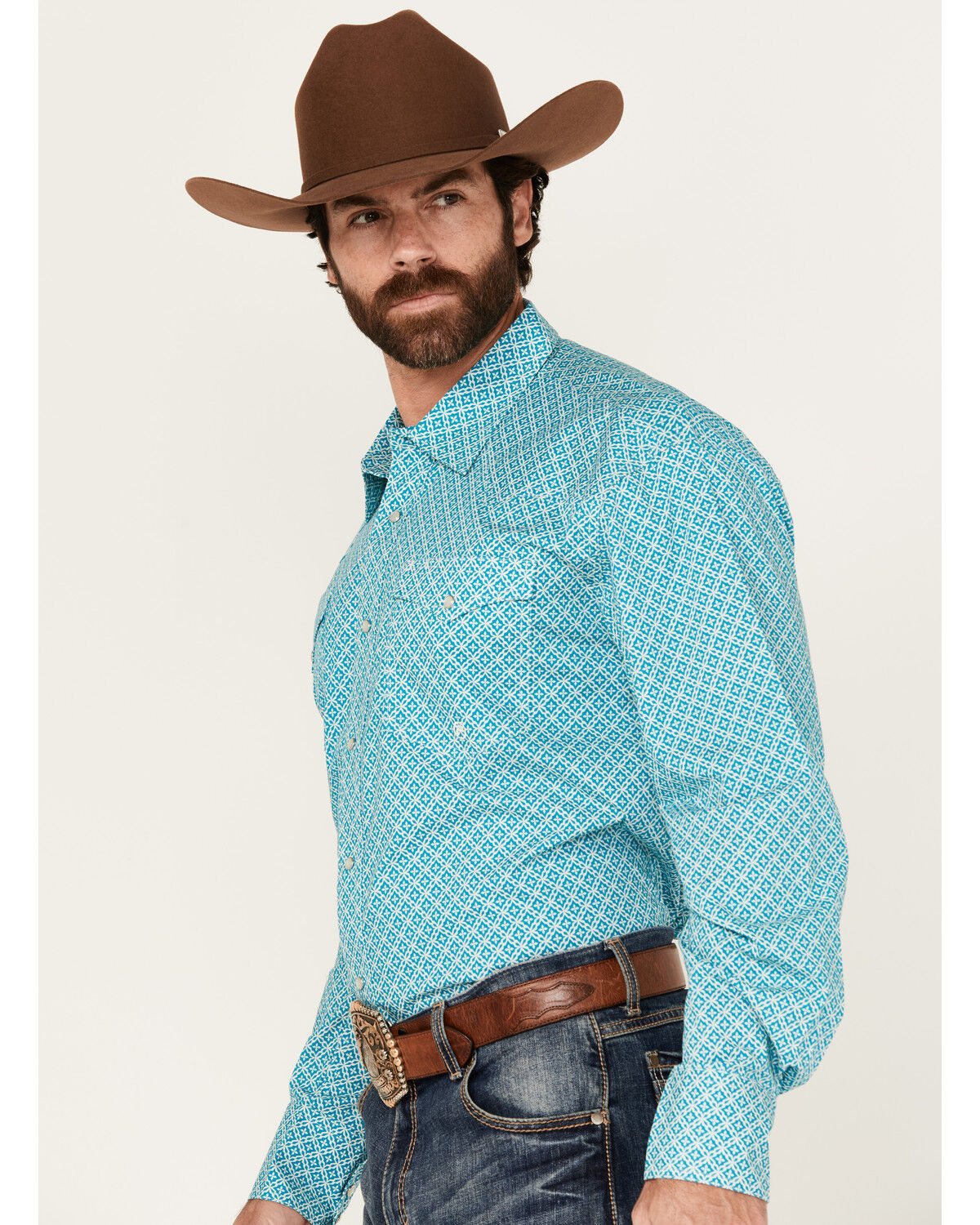 Image #2 - Roper Men's Amarillo Geo Print Long Sleeve Snap Stretch Western Shirt, Teal, hi-res