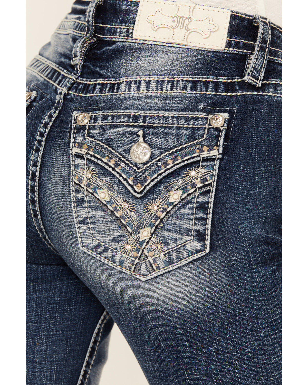 Image #2 - Miss Me Women's Dark Wash Mid Rise Faux Flap Pocket Bootcut Stretch Denim Jeans, Dark Wash, hi-res