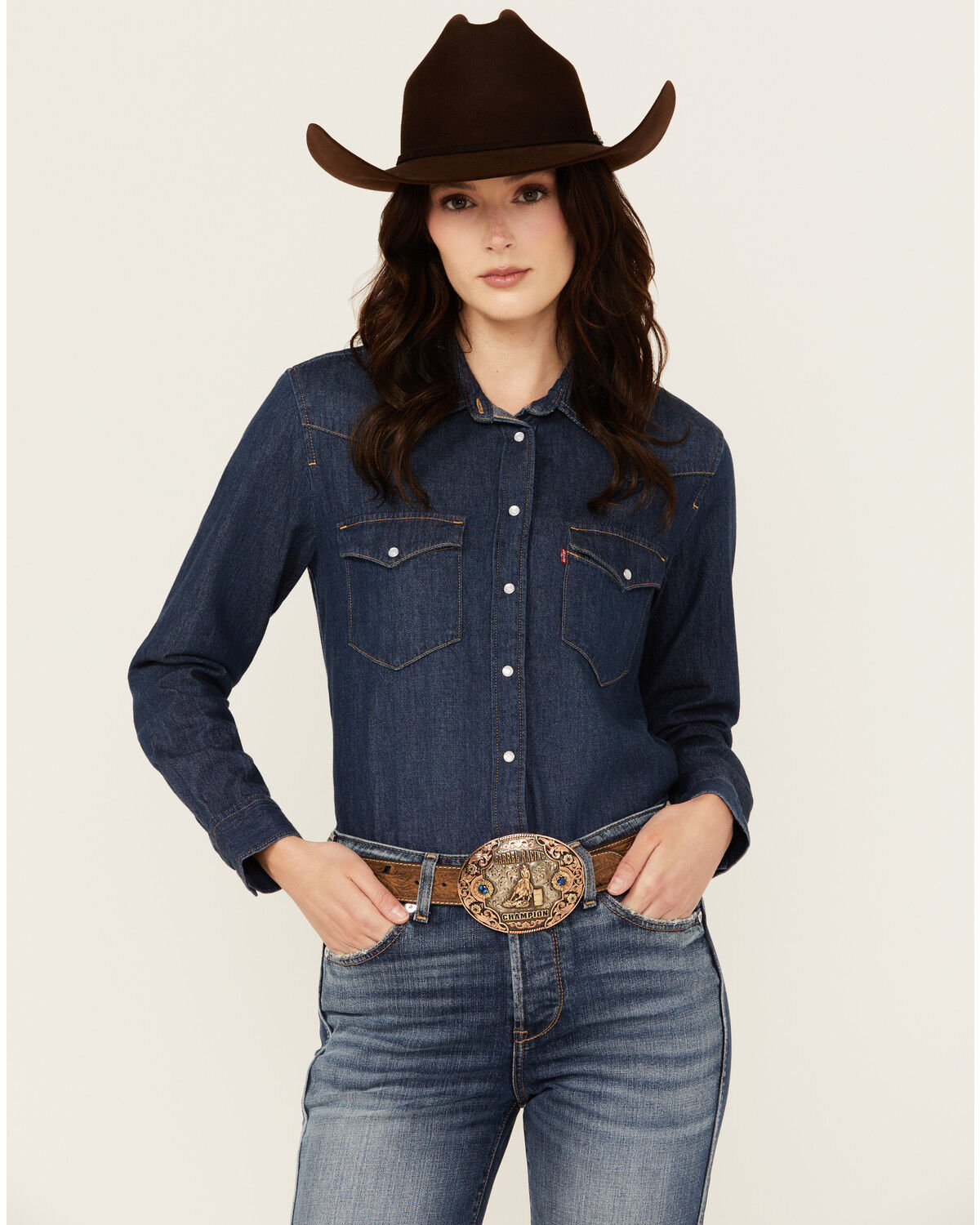 Image #1 - Levi's Women's Dark Wash Denim Long Sleeve Pearl Snap Ultimate Western Shirt, Blue, hi-res