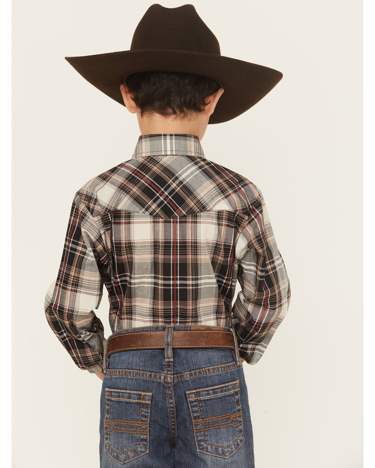 Image #4 - Ely Walker Boys' Plaid Print Long Sleeve Snap Western Shirt, Khaki, hi-res