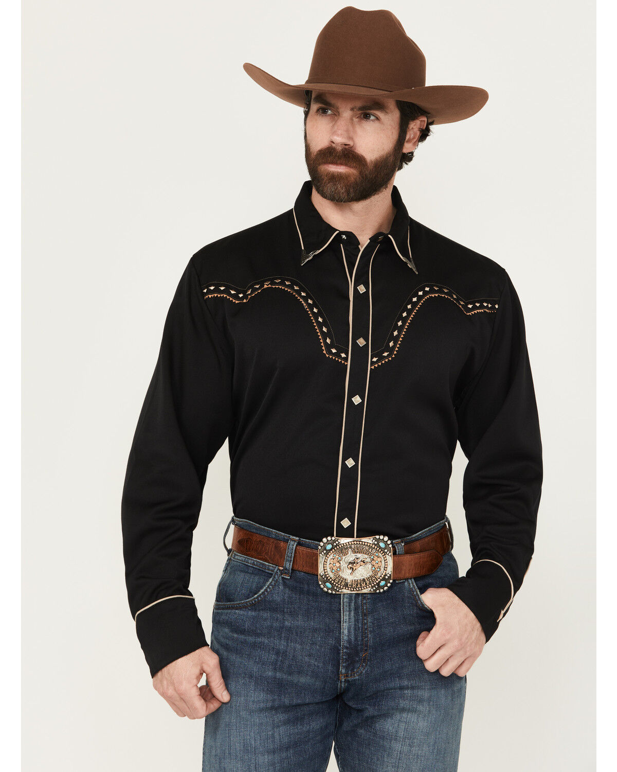 Image #1 - Scully Men's Diamond Embroidered Long Sleeve Western Shirt, Black/white, hi-res