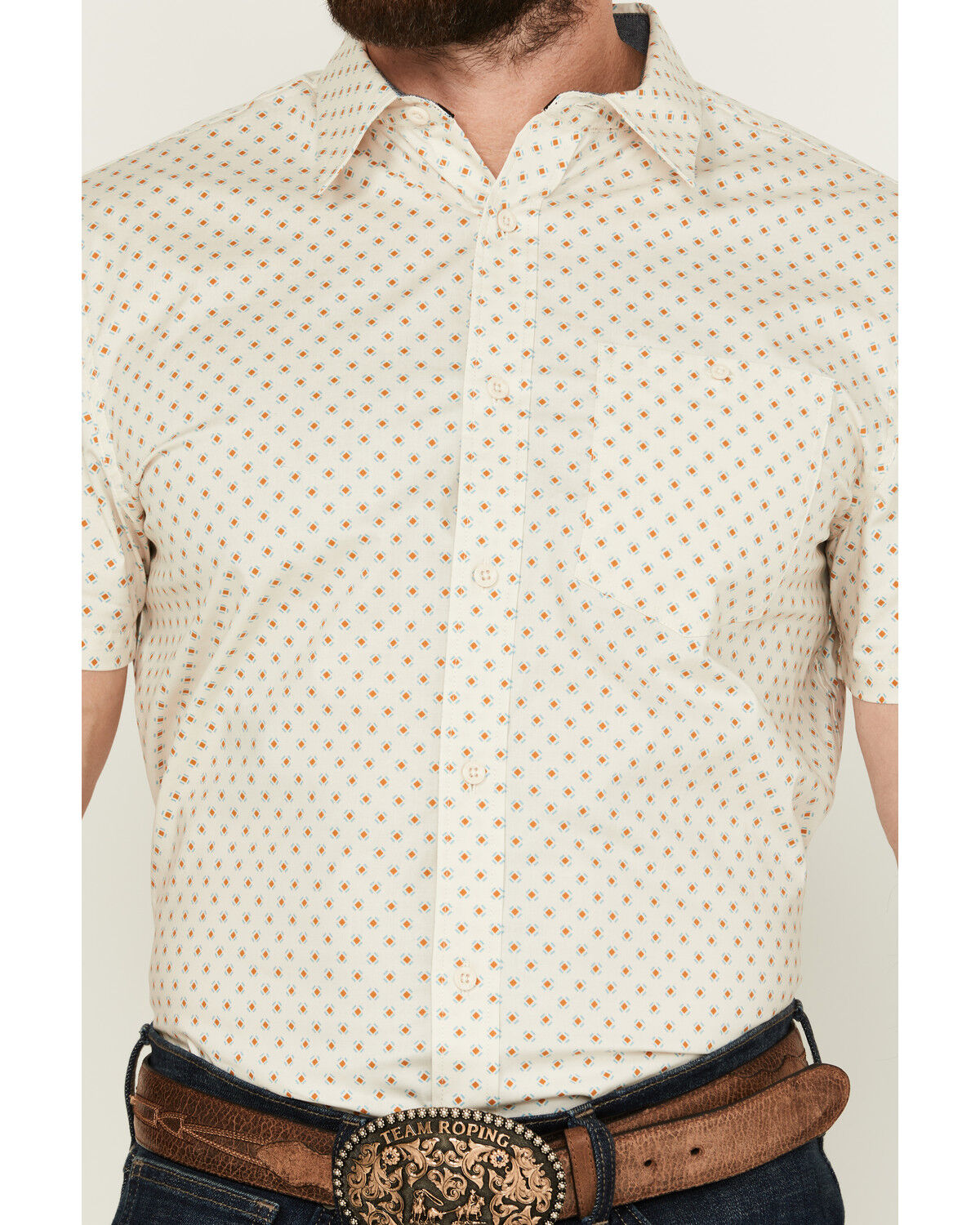 Image #3 - RANK 45® Men's Westamp Geo Print Short Sleeve Button-Down Performance Stretch Western Shirt, Ivory, hi-res