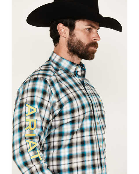 Image #2 - Ariat Men's Team Cannon Plaid Print Long Sleeve Button-Down Western Shirt, Turquoise, hi-res