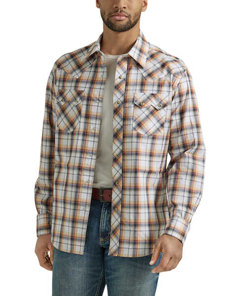 Wrangler Retro Men's Plaid Print Long Sleeve Snap Western Shirt , Orange, hi-res
