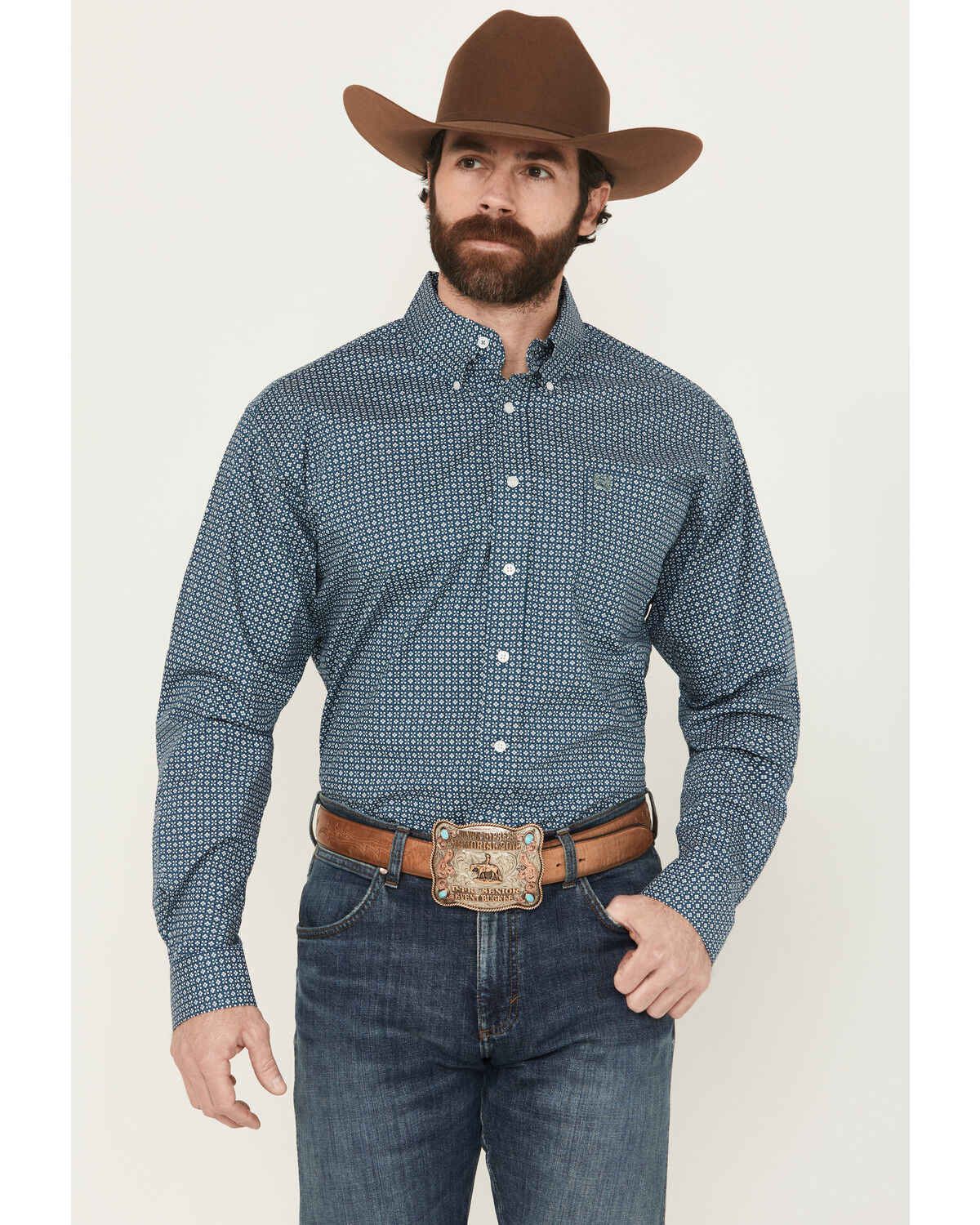 Image #1 - Cinch Men's Geo Print Long Sleeve Button-Down Stretch Western Shirt, Blue, hi-res