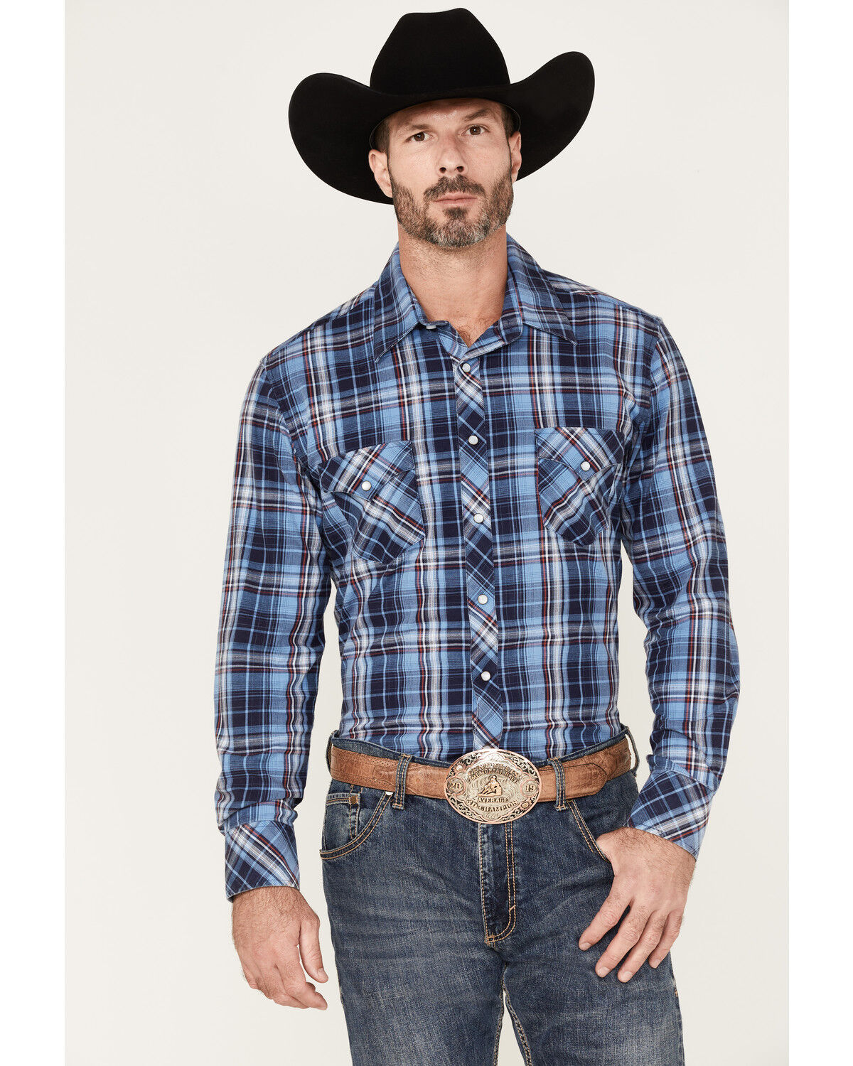 Image #1 - Rock & Roll Denim Men's Medium Plaid Stretch Long Sleeve Pearl Snap Shirt, Blue, hi-res