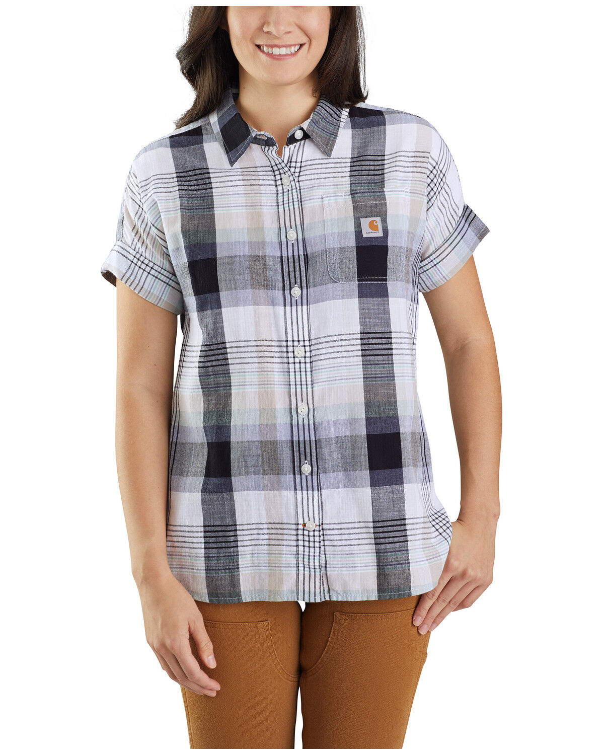 Image #1 - Carhartt Women's Loose Fit Plaid Twill Short Sleeve Button Down Work Shirt, White, hi-res