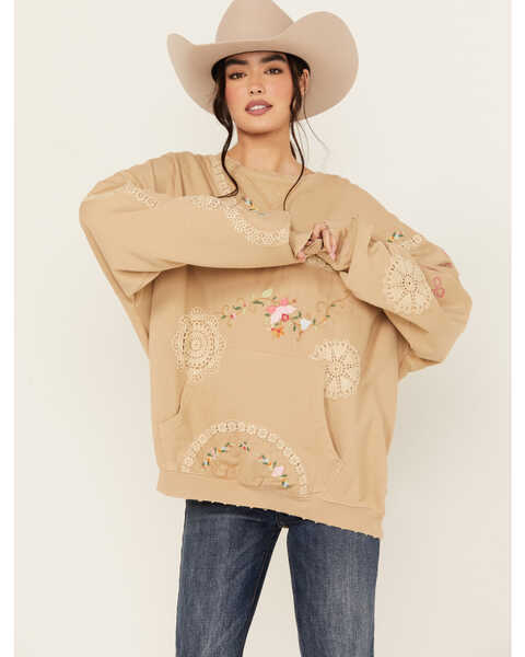 Image #1 - Free People Women's Floral Crewneck Sweatshirt , Beige, hi-res