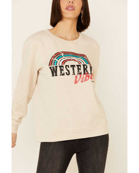  Ariat Women's Heather Oatmeal Western Vibes Graphic Long Sleeve Top , Oatmeal, hi-res