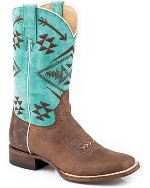 Roper Women's Ruby Burnished Southwestern Embroidered Western Boots - Square Toe , Brown, hi-res