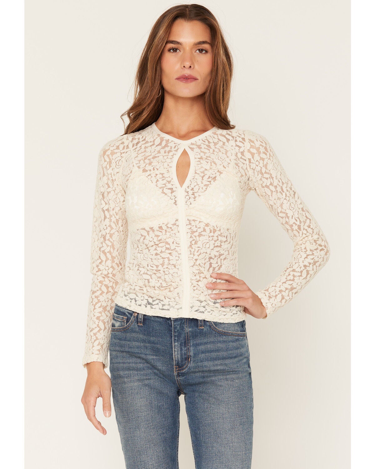 Shyanne Women's Hadley Long Sleeve Lace Keyhole Top, Natural, hi-res