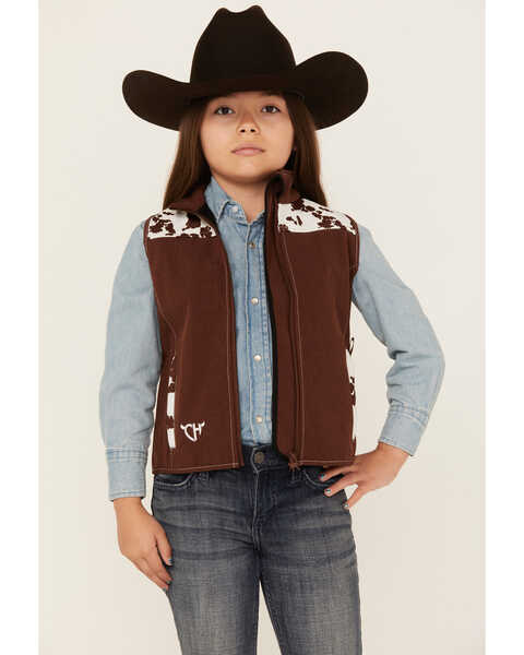 Cowgirl Hardware Girls' Cow Print Yoke Poly Shell Vest, Off White, hi-res