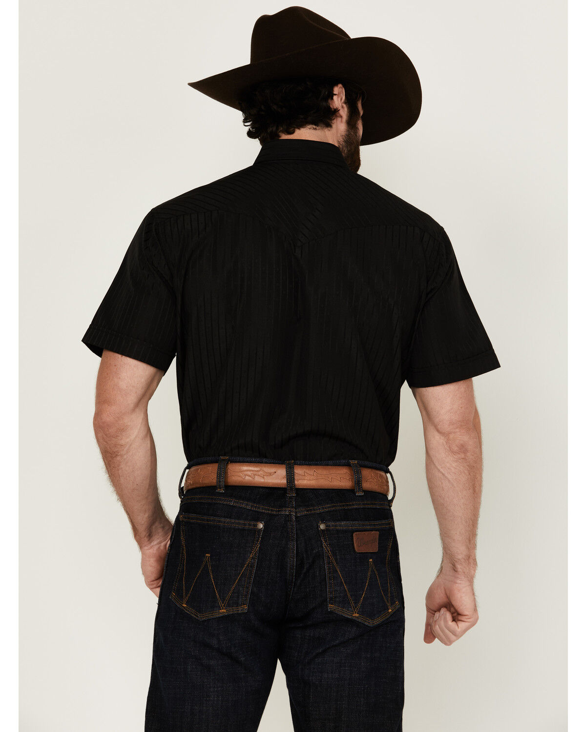 Image #4 - Rodeo Clothing Men's Tonal Satin Striped Short Sleeve Pearl Snap Western Shirt, Black, hi-res