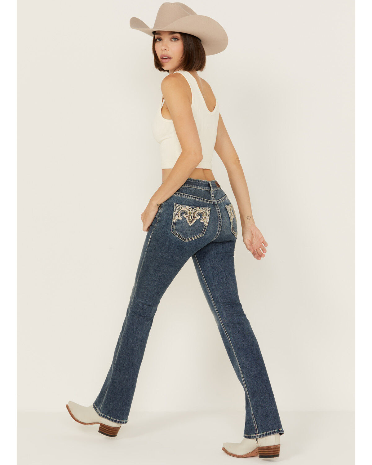 Image #1 - Rock & Roll Denim Women's Medium Wash Mid Rise Leather Embroidered Bootcut Stretch Denim Jeans, Medium Wash, hi-res