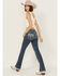 Image #1 - Rock & Roll Denim Women's Medium Wash Mid Rise Leather Embroidered Bootcut Stretch Denim Jeans, Medium Wash, hi-res