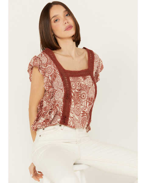 Angie Women's Butterfly Sleeve Floral Top, Rust Copper, hi-res
