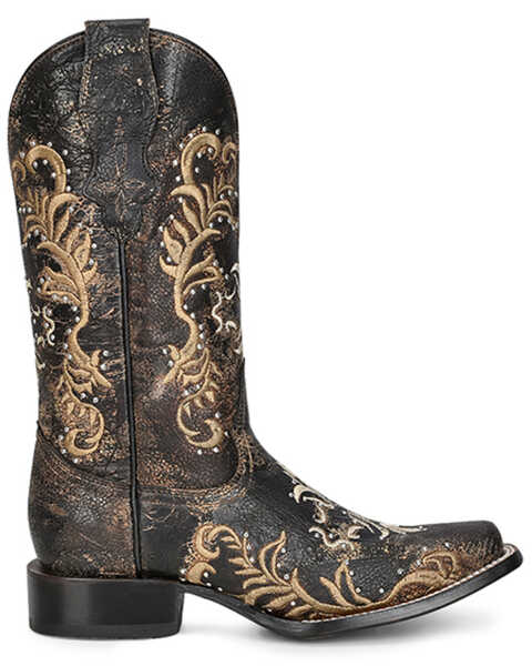 Image #2 - Corral Women's Embroidered & Studded Distressed Tall Western Boots - Square Toe, Black/tan, hi-res
