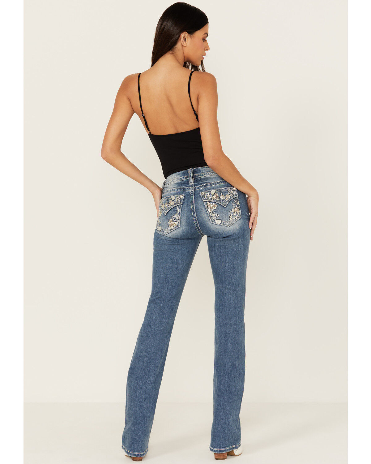 Image #1 - Miss Me Women's Medium Wash Mid Rise Floral Pocket Bootcut Stretch Denim Jeans, , hi-res