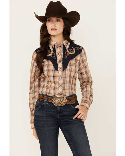 Roper Women's Embroidered Yoke Plaid Print Long Sleeve Snap Western Shirt , Brown, hi-res