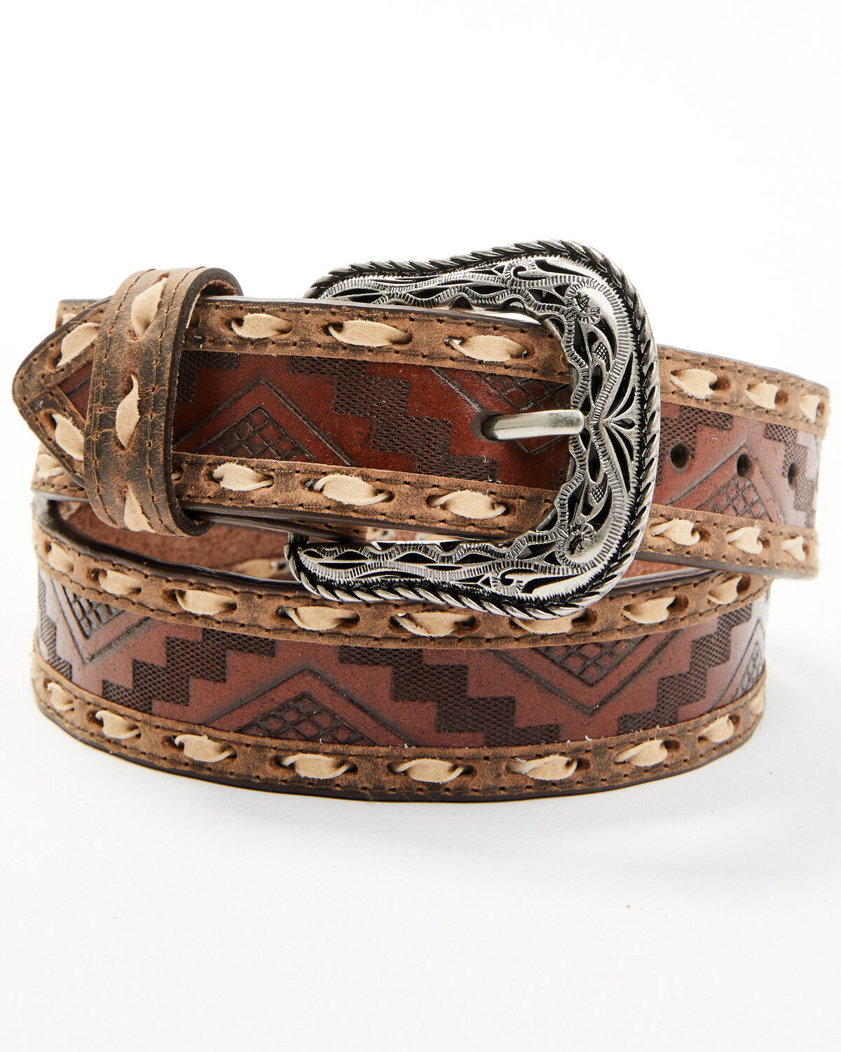 Image #1 - G-Bar-D Men's Southwestern Print Stitched Belt, Dark Brown, hi-res