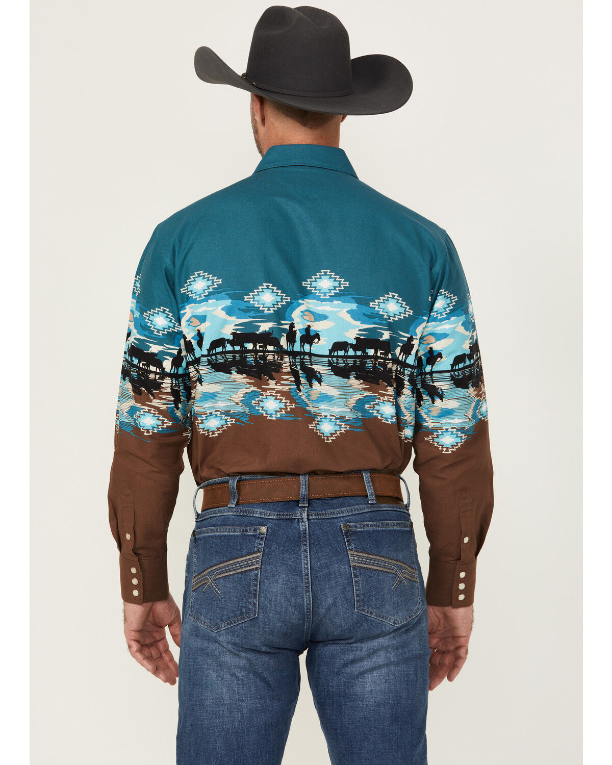 Image #4 - Panhandle Men's Cowboys Southwestern Print Border Long Sleeve Snap Western Shirt, Brown, hi-res