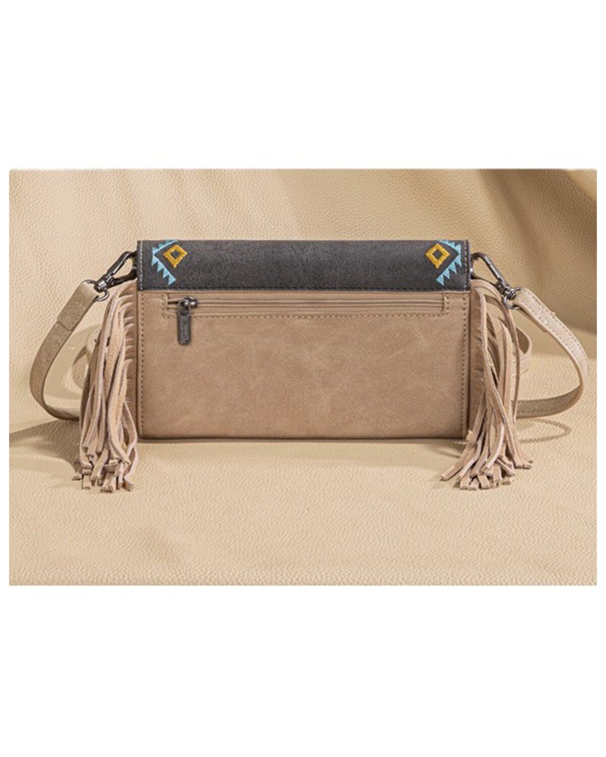 Image #2 - Wrangler Women's Southwestern Embroidered Fringe Wallet Crossbody Bag, Black, hi-res