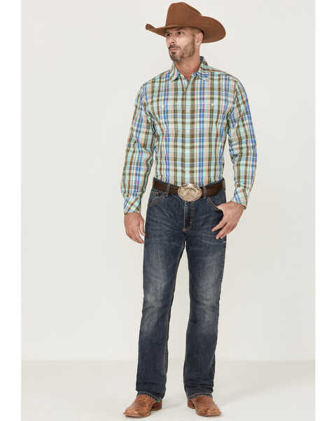 Image #2 - Resistol Men's Hampton Plaid Print Long Sleeve Button Down Western Shirt , Light Green, hi-res