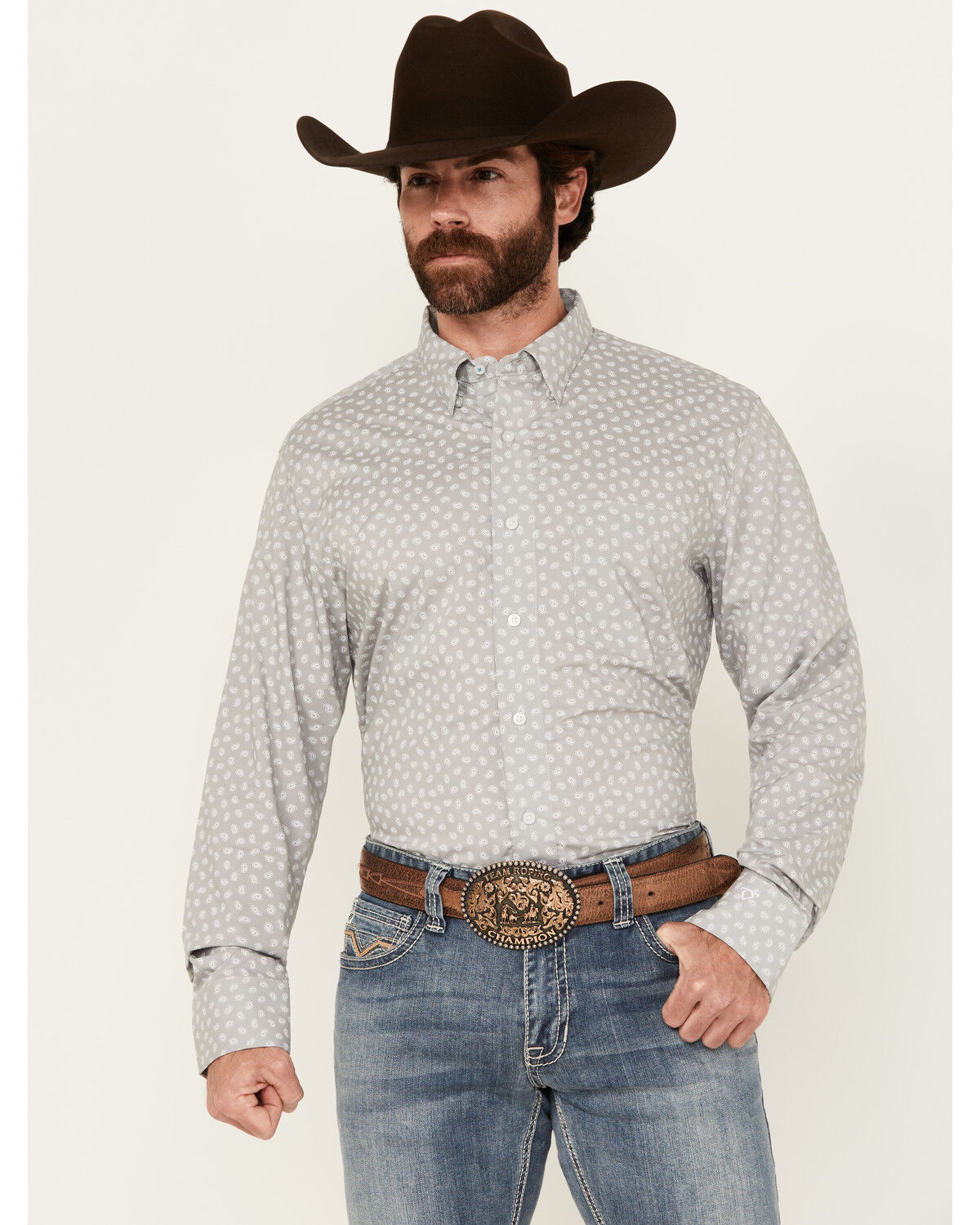 Image #1 - Wrangler X Cody Johnson Men's Solid Long Sleeve Button-Down Western Shirt, Grey, hi-res