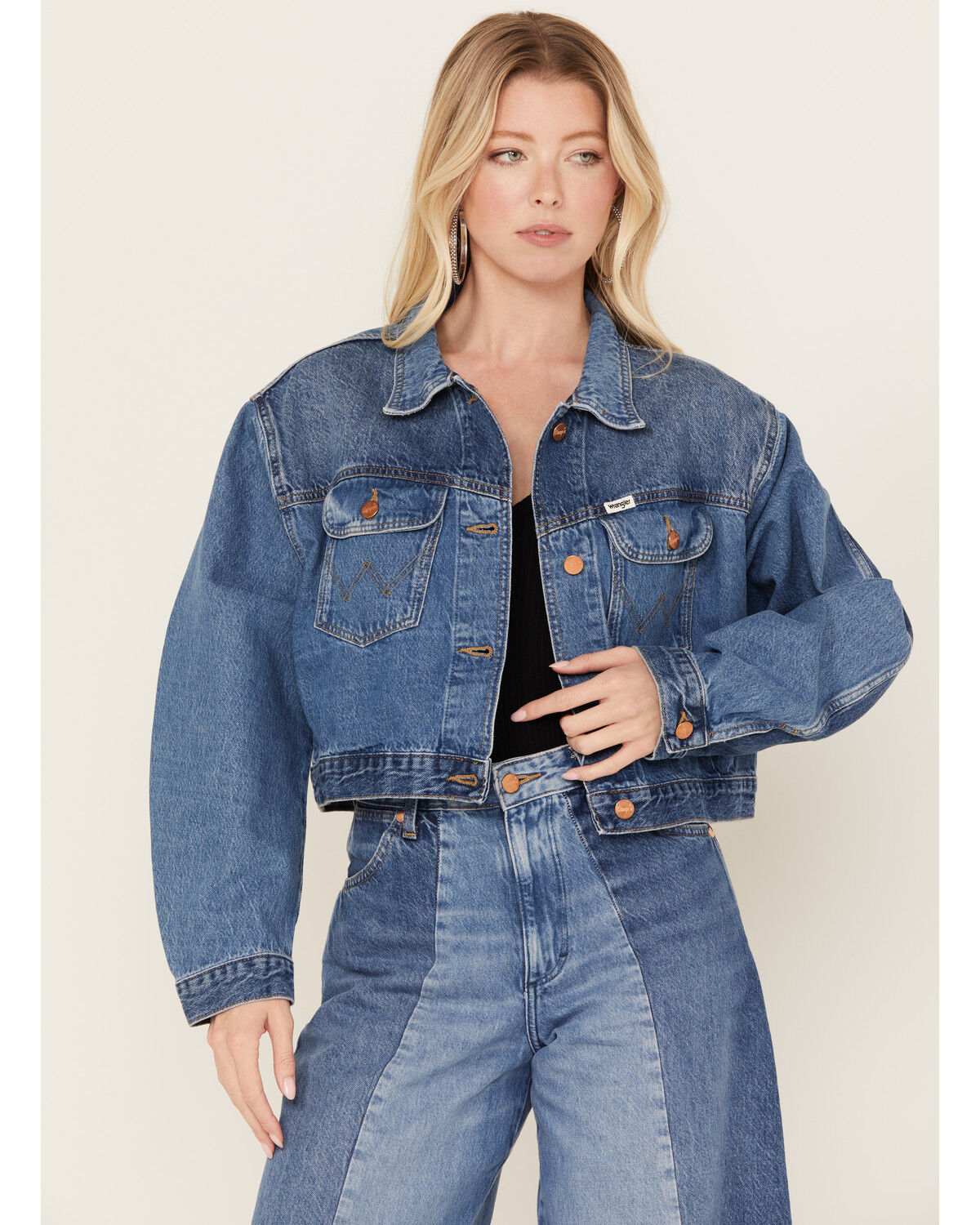 Image #2 - Wrangler Women's Medium Wash Cowboy Cropped Denim Jacket, Blue, hi-res