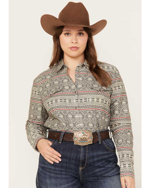 Roper Women's Southwestern Print Long Sleeve Snap Western Shirt - Plus, Grey, hi-res