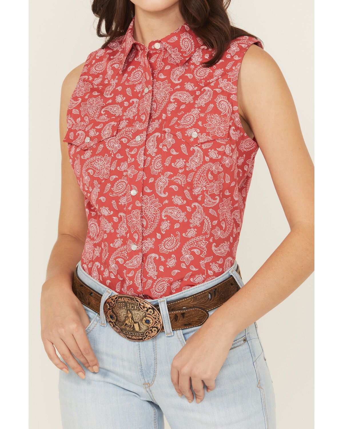 Image #3 - Wrangler Retro Women's Boot Barn Exclusive Paisley Print Sleeveless Pearl Snap Western Shirt, Red, hi-res