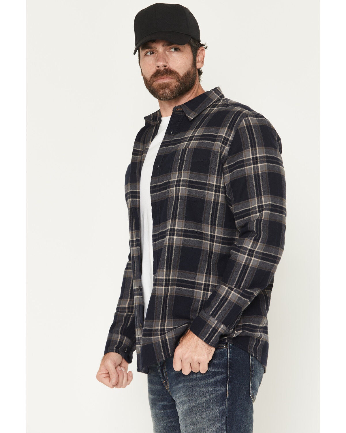 Image #2 - Brothers and Sons Men's Blue Light Plaid Print Long Sleeve Button-Down Flannel Shirt, Navy, hi-res