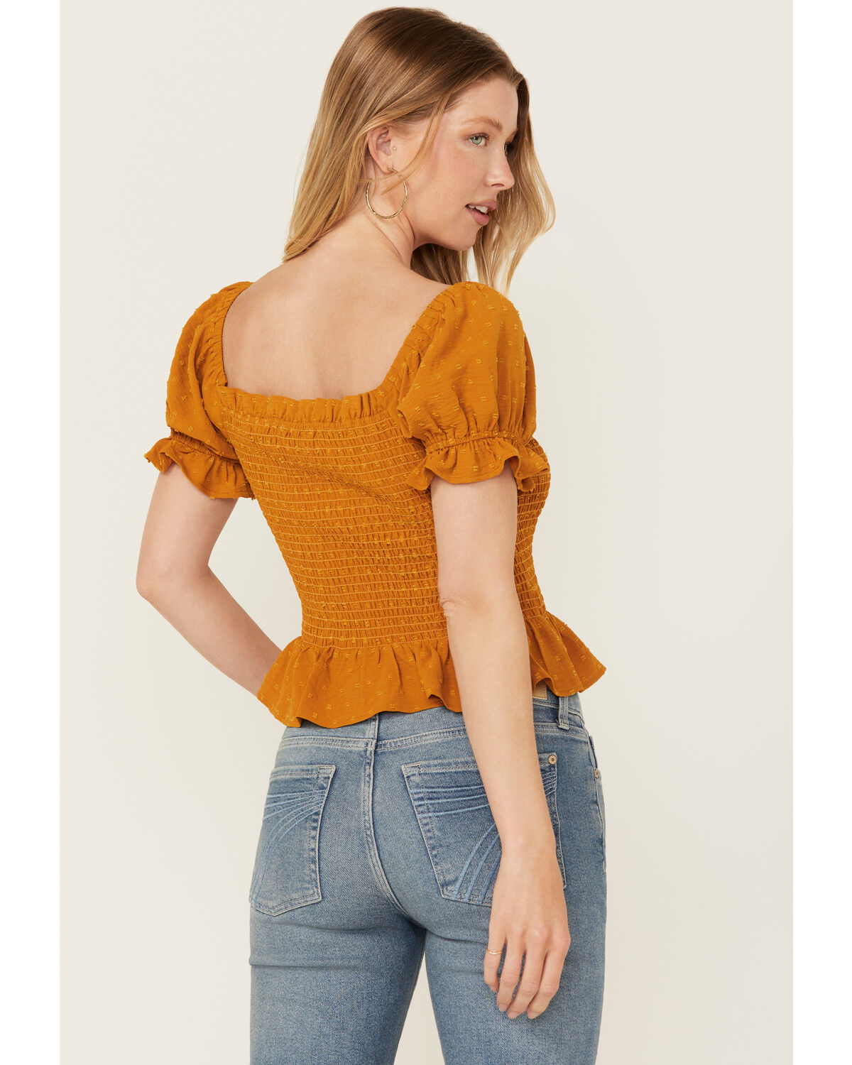 Image #4 - Wild Moss Women's Smocked Short Sleeve Shirt, Mustard, hi-res