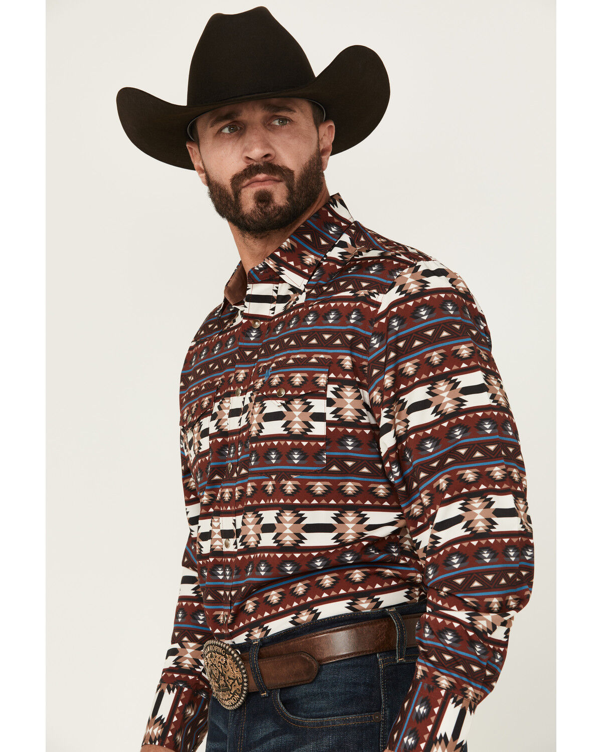 Image #2 - Rodeo Clothing Men's Southwestern Print Long Sleeve Snap Western Shirt, Burgundy, hi-res