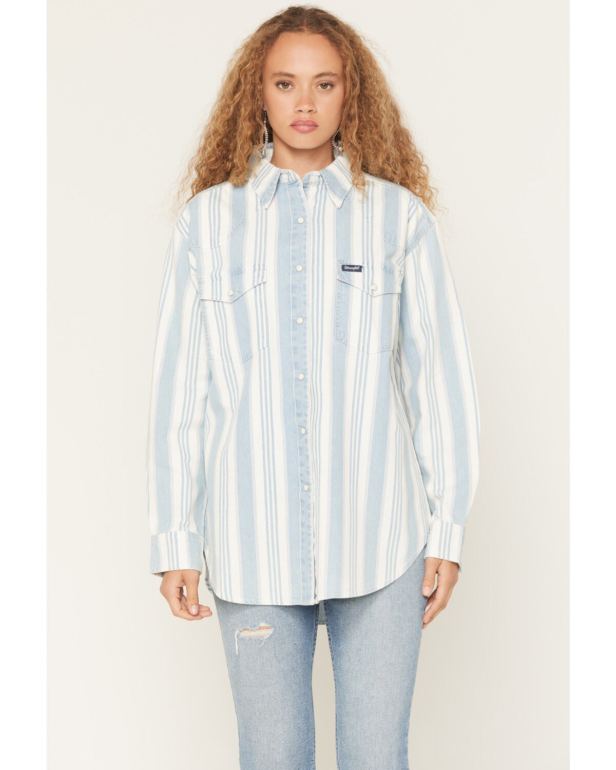 Wrangler Retro Women's Striped Long Sleeve Snap Denim Western Shirt, Blue, hi-res