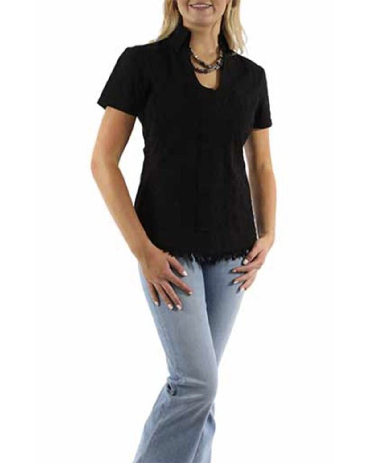 Image #1 - Scully Women's Short Sleeve Embroidered Cantina Blouse, Black, hi-res