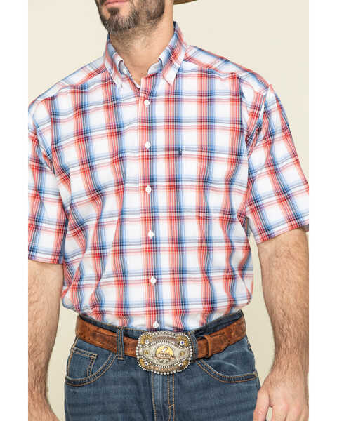 Tuf Cooper Men's Red Competition Stretch Plaid Short Sleeve Western Shirt , Red, hi-res