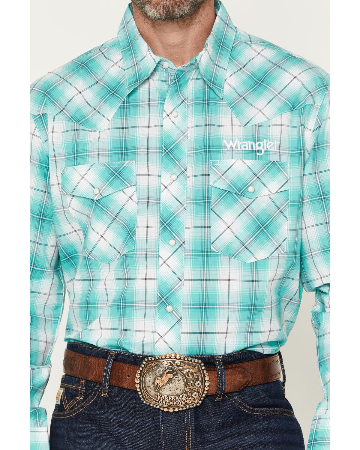 Image #3 - Wrangler Men's Logo Plaid Print Long Sleeve Snap Western Shirt, Turquoise, hi-res