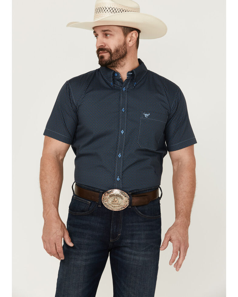 Cowboy Hardware Men's Diamond Star Geo Print Short Sleeve Button-Down Western Shirt , Navy, hi-res