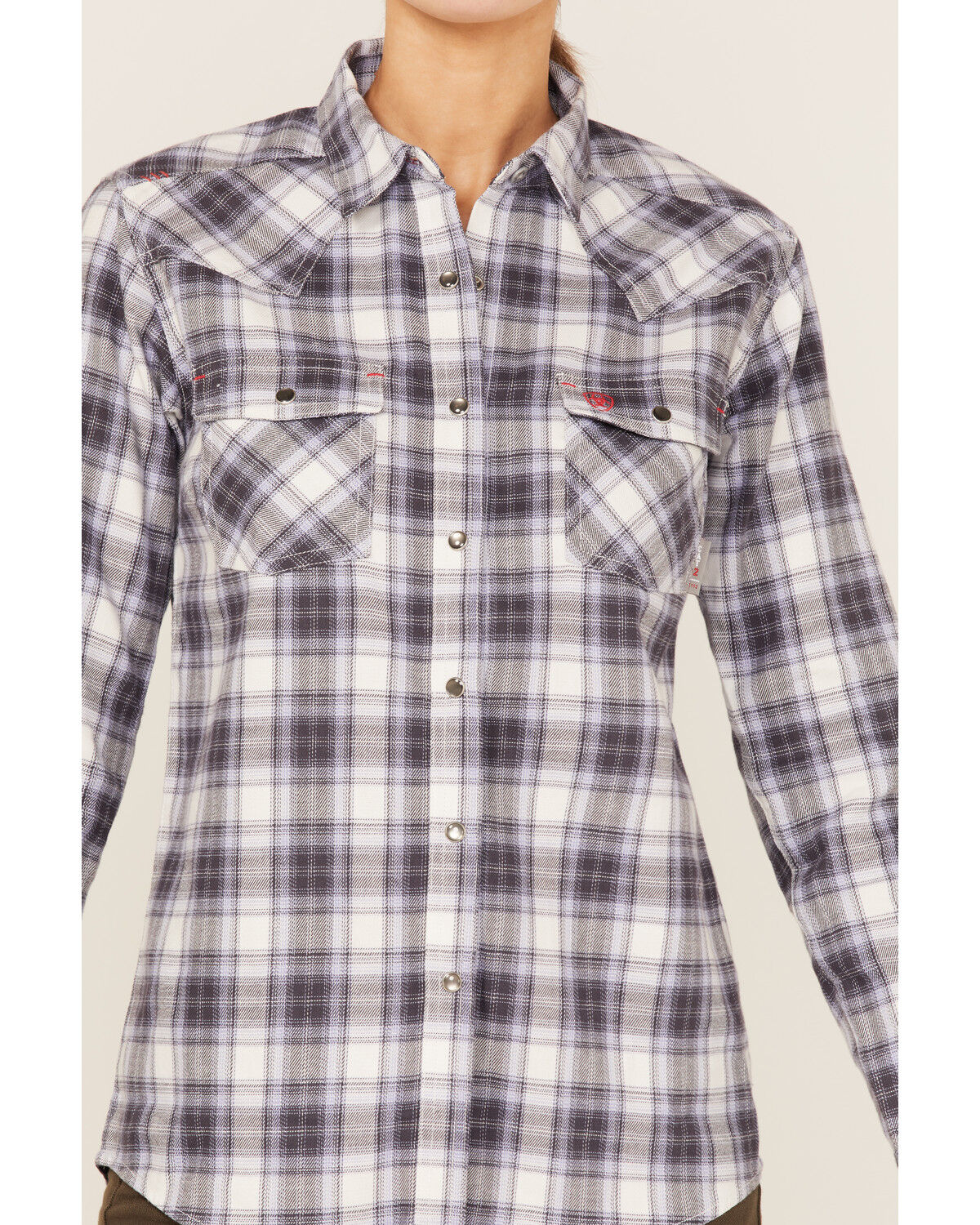 Image #3 - Ariat Women's FR Whitney Plaid Print Long Sleeve Pearl Snap Work Shirt, Lavender, hi-res
