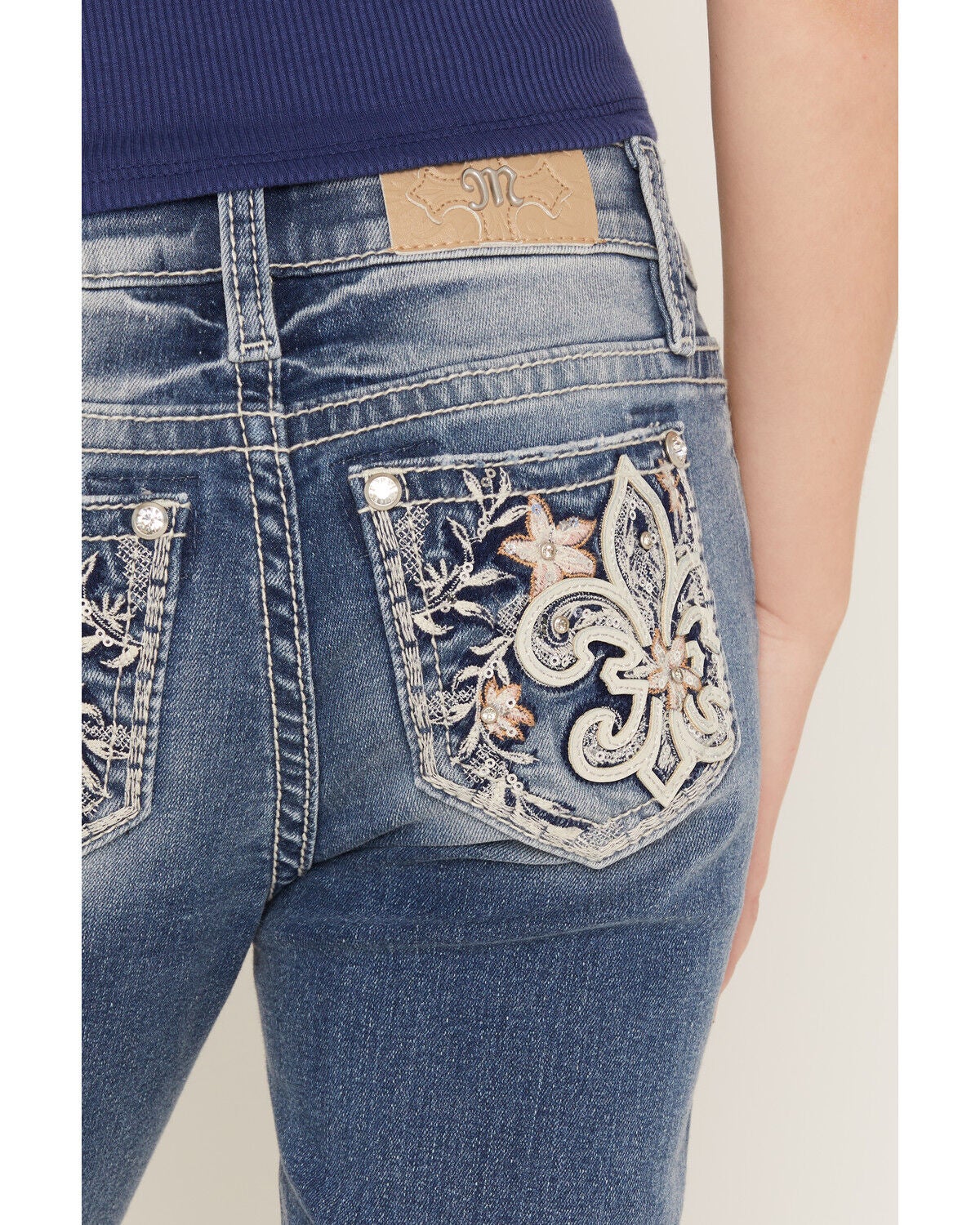 Image #4 - Miss Me Girls' Medium Wash Floral Fleur de Lis Bootcut Stretch Denim Jeans, Medium Wash, hi-res