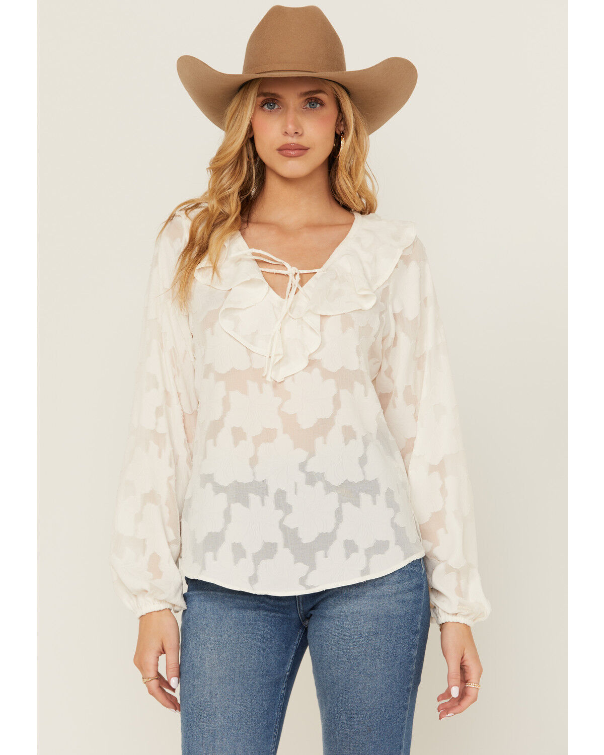 Image #2 - Shyanne Women's Floral Long Sleeve Ruffle Peasant Top, Off White, hi-res