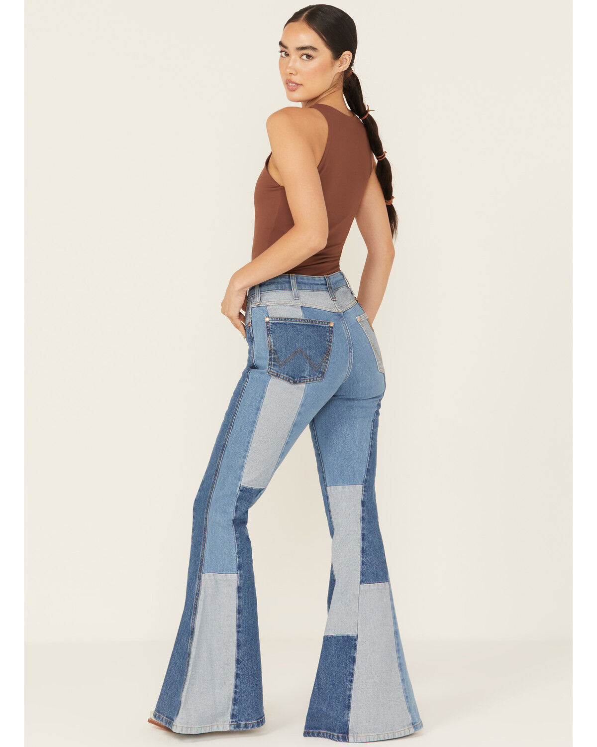 Image #4 - Wrangler X Lainey Wilson Women's High Rise Patchwork Flare Stretch Denim Jeans, Blue, hi-res