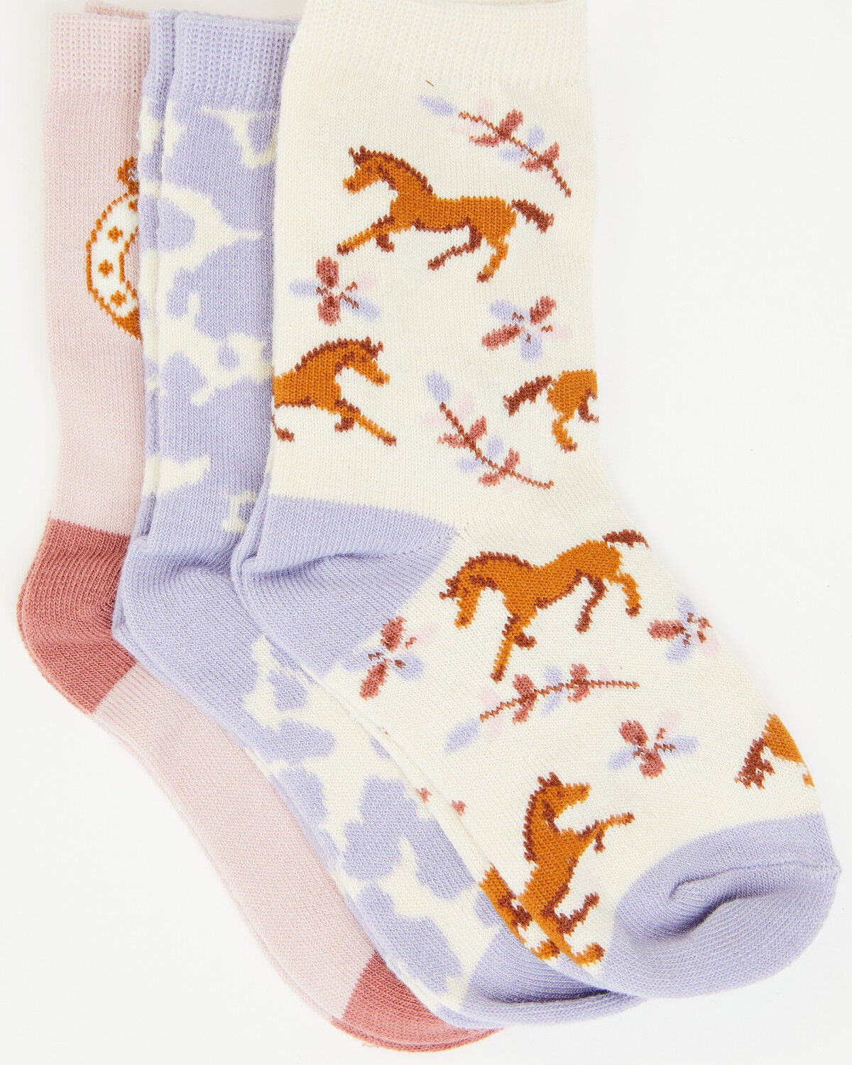 Image #1 - Boot Barn Girls' Horse Icon Crew Socks - 3 Pack, Lavender, hi-res