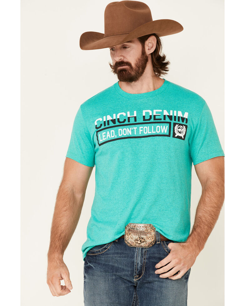 Cinch Men's Turquoise Lead Don't Follow Graphic Short Sleeve T-Shirt , Green, hi-res