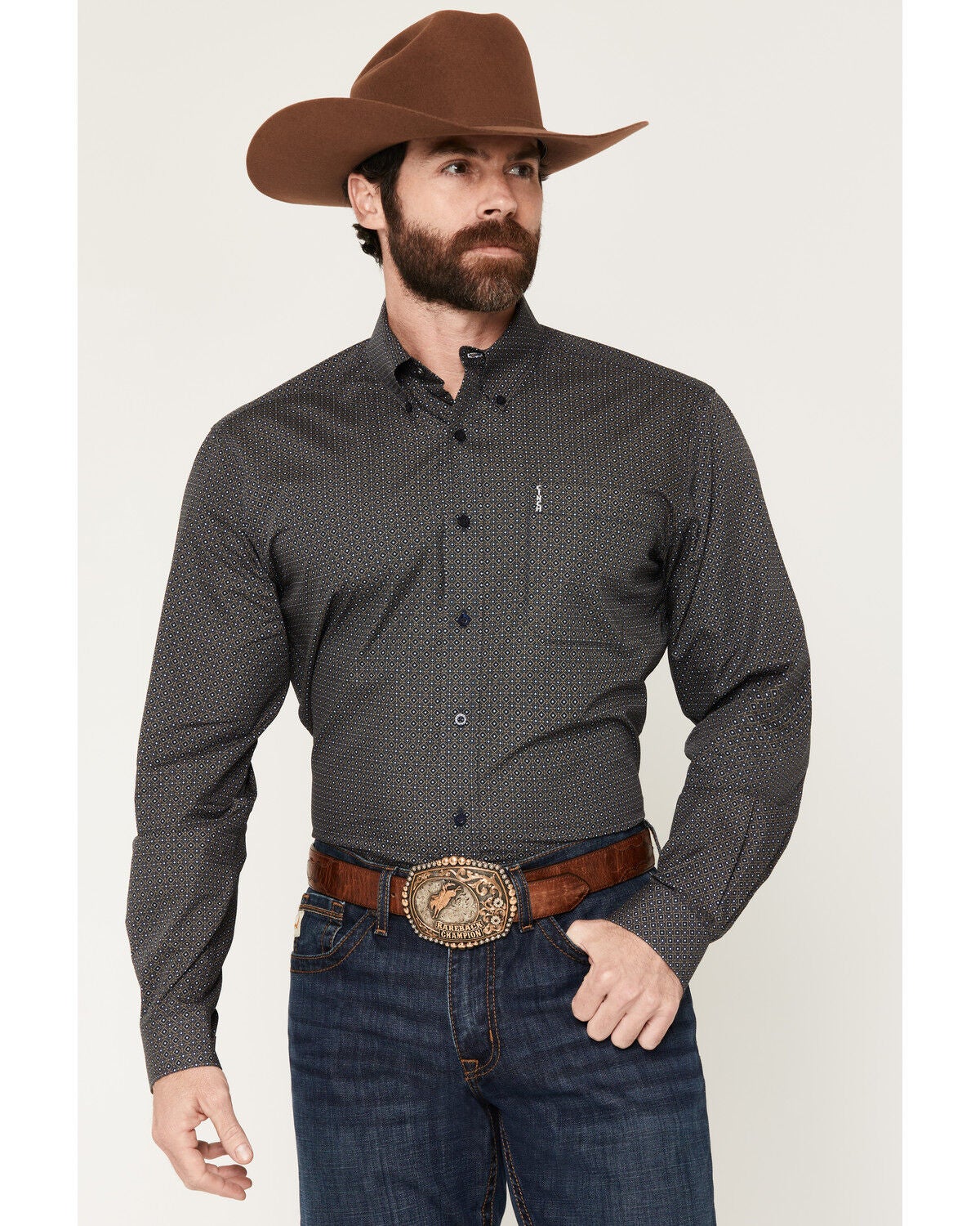Cinch Men's Geo Print Long Sleeve Button-Down Stretch Western Shirt, Navy, hi-res