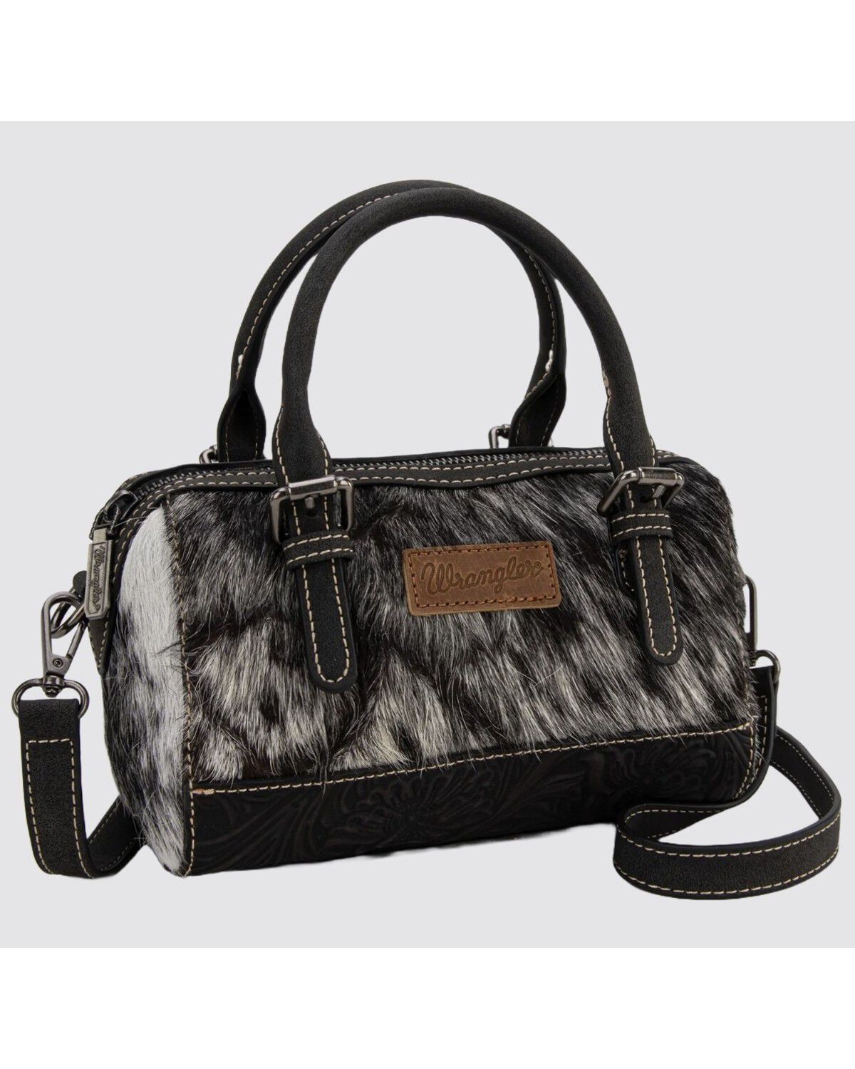 Image #4 - Wrangler Women's Genuine Cowhide Tooled Barrel Crossbody Bag, Black, hi-res