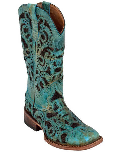 Ferrini Women's Horseshoe Turquoise Western Boots - Square Toe, Turquoise, hi-res