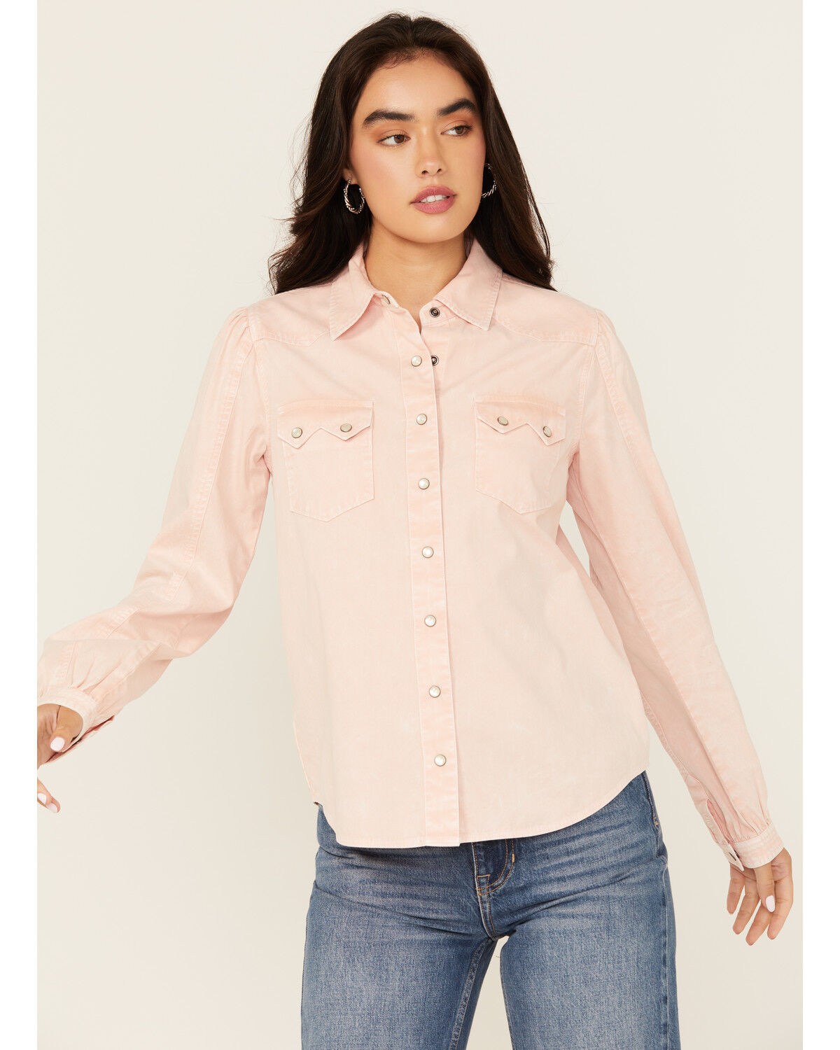 Image #1 - Cruel Girl Women's Solid Long Sleeve Pearl Snap Western Shirt, Pink, hi-res